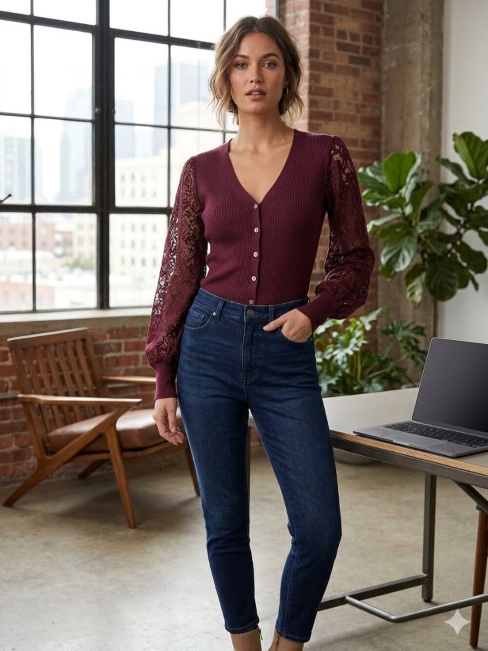 Soft Surroundings Women's Size Small Burgundy San Remo Lace Button Up Sweater